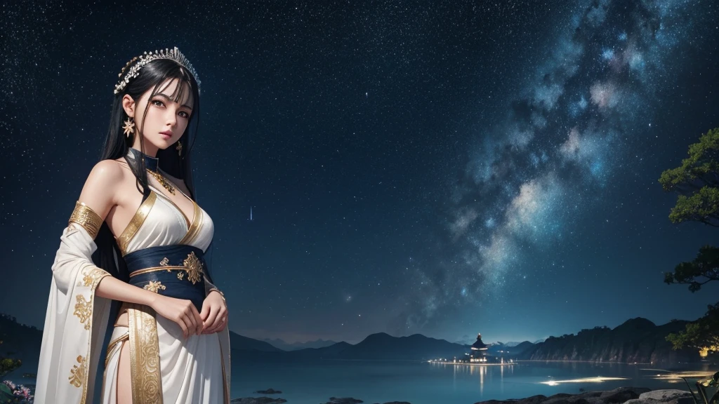 A stunning 8K cinematic anime-style illustration depicts a beautiful woman in ancient attire, standing on silver-white sand , a starry night sky. Her long, black hair is adorned with elegant hairpins, and her eyes are black like deep pools. She wears intricate white ancient Chinese clothes,  accessorized with exquisite jewelry. The background highlights the vast universe with a galaxy of stars, while the surroundings include laurel trees. The atmosphere is calm and cool, with vibrant colors and intricate details, evoking a sense of high-quality, almost painterly, animation., vibrant, anime, painting, cinematic, illustration