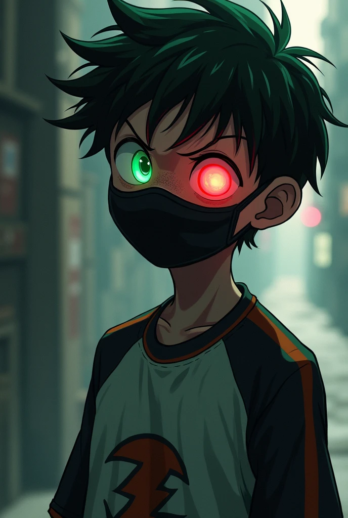 A boy with a height of 1.70m the father killed his mother and wants revenge so he can be handsome, a power of speed a scar on the arrogant face with a sport and perverted shorts and a taper fader cut with a sport shirt and with an arrogant smile and a black mask with white eyes of different colors one green eye and the other red with similarities to mu hero academia 