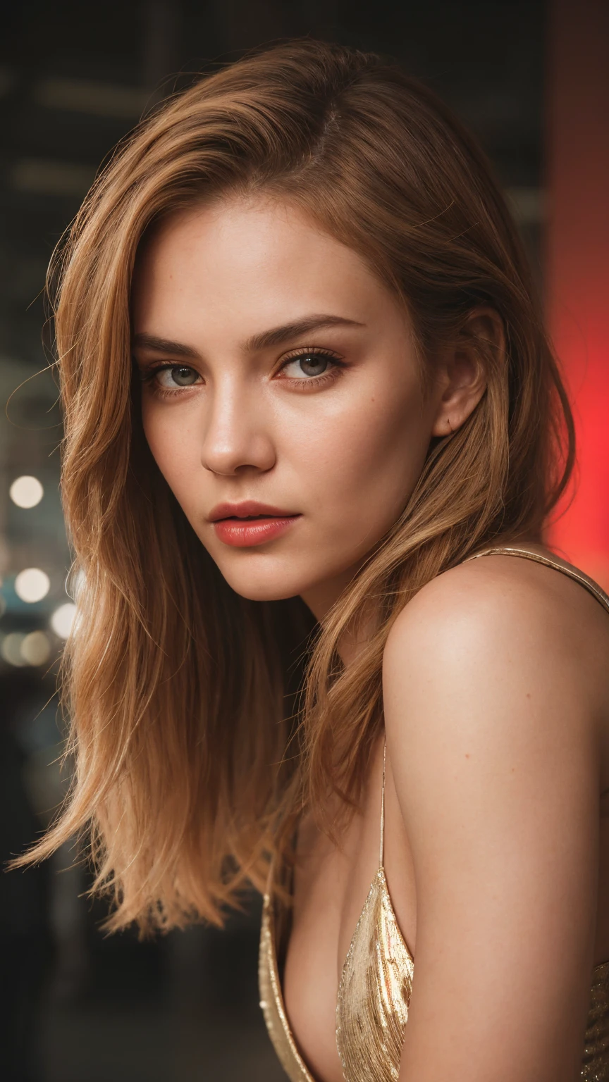 a woman with red hair, hyper-realistic skin, shiny/glossy, modern jewelry, gongbi, portraiture, dark teal and light gold, tropical landscapes, Face portrait photo oF a 21 Year-old German woman, .raw, beautiFul woman, half strawberry lips, strawberry lipstick, Fossettes, big breast, realistic legs, high heels, nostalgic look, detailed light brown eyes, great student, thin eyelashes, (Brown extra long blond hair), ((detailed Face)), ((detailed Facial Features and skin texture)), (Finely detailed skin), light brown skin, (Deep neckline detailing high-tech cyberpunk dress), Cyberpunk big city environment, (cold colors), moist, moist, reFlections, (masterpiece) (height ratio / perfect width) (photo realist) (best quality) (detailed) Shot with Canon EOS R5, ObjectiF 50mm, F/2.8, human development report, (8k) (wallpaper) (light) (Dramatic Light) (sharp focus) (complicated), sharp details, skin detail sharpness,