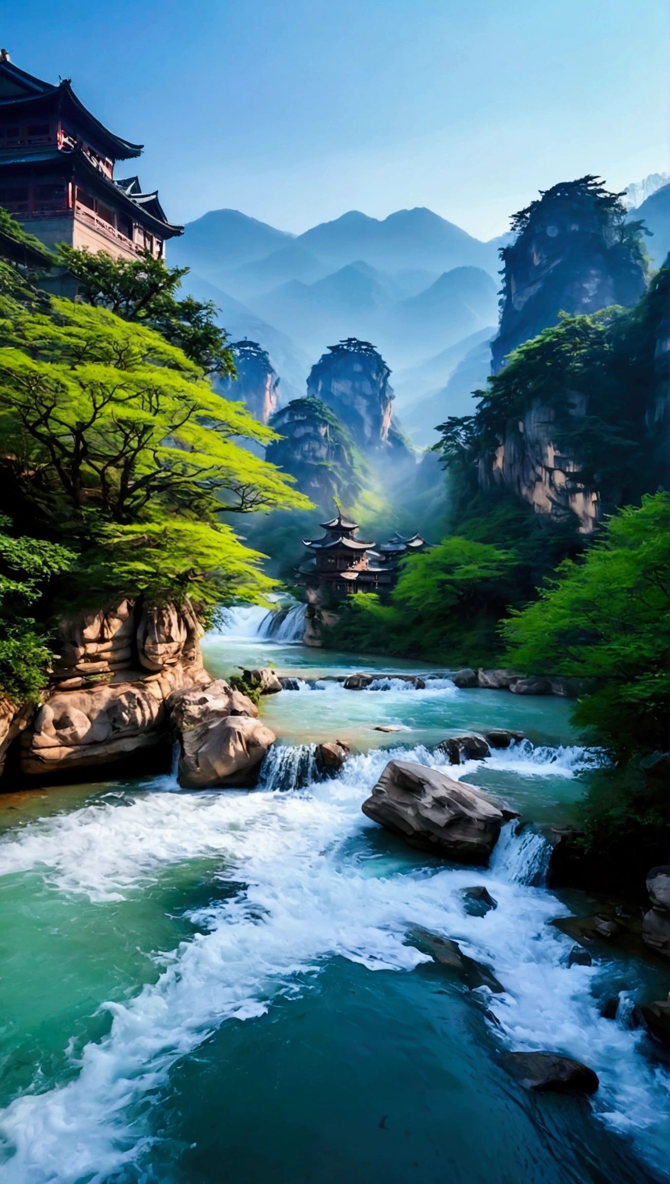 The stream is flowing,The stream is clear,Like Zhangjiajie Mountain,The mountains are cloudy,Trees real and natural,Real photography