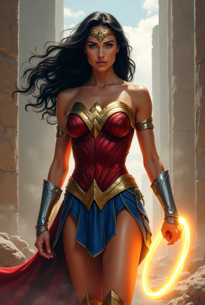 Draw Megan Fox with black hair and blue eyes as Wonder Woman with the Lasso of Truth glowing yellow in her hand