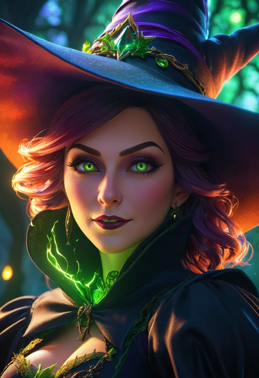 (anime, fantasy, wicked witch), (detailed CG unity 8k wallpaper, masterpiece, best quality, hyperdetailed, HDR:1.2), vibrant colors, highly detailed face, A devious wicked witch, fantasy witch outfit, wonky nose ,unique shape, (cartoon style), enchanted, beautiful, ethereal lighting, lens flare