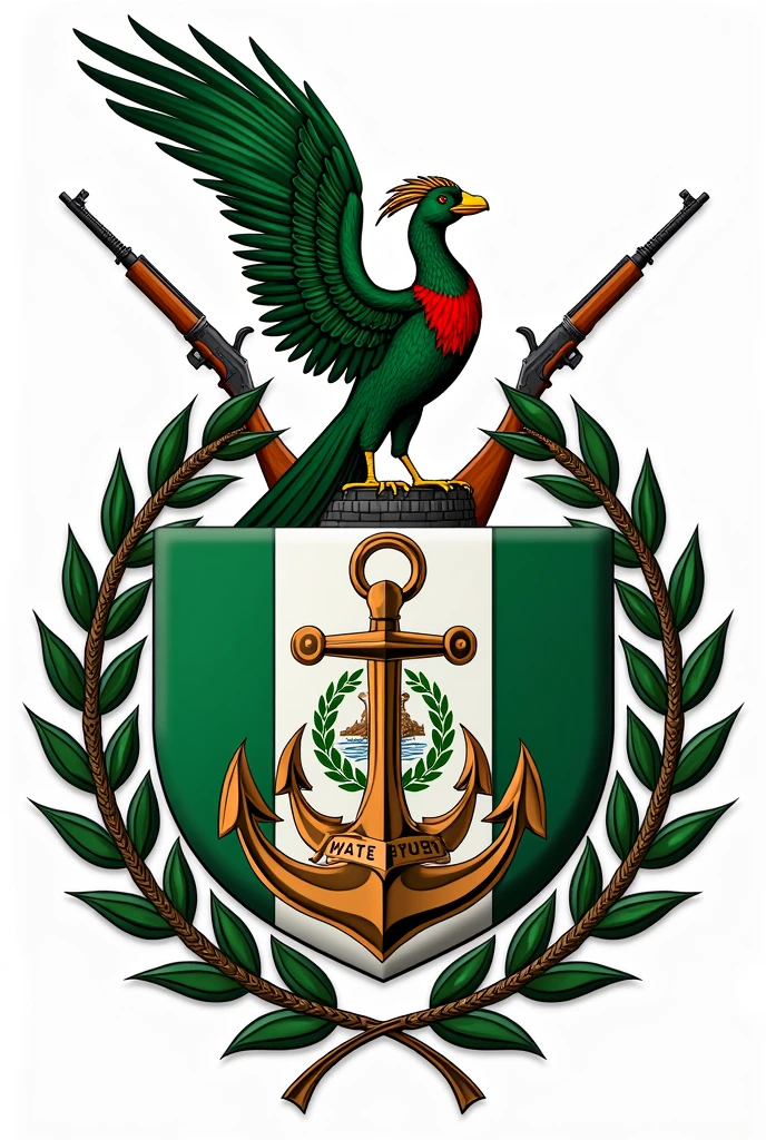 Coat of Arms of the Guatemalan Marine Corps, with a green quetzal with a red breast on top of an anchor with the flag of Guatemala, two crossed rifles and two crossed sabres behind, laurels in front and a coast guard and an alligator looking to the sides
