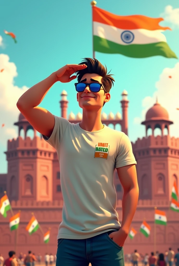 Make a 19 year's handsome   animated 
Men  ,character who's name is Amit" and he celebrate independence day in red fort and  he salute to indian flag  write  the name Amit,, on his t shirt and he wear a a sun glass and salute to indian flag and many  indian flag fly around back