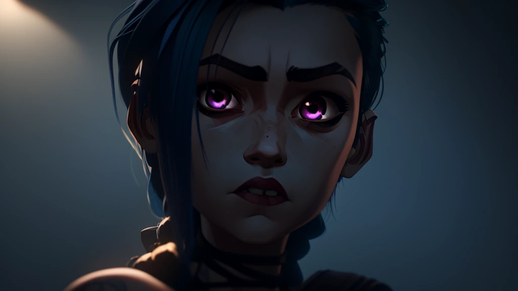 red purple eyes, Jinx cries in front of the camera, Blue Cloud Tattoo, (masterpiece, best quality), side-lighting, beautiful detailed eyes, sad face), (best quality), (masterpiece), magic photography, dramatic lighing, Photo-realism, Ultra-detail, intimate portrait composition, Leica 50mm, F1. 4,8k UHD, dslr, aesthetic, Tsd., hight resolution, 8k, best illumination, Best Shadow, Ultra -HD, hight resolution, keen focus, complicated background, cinematic lighting, ((landscape view)), 4k unity, (best illumination), ((cinematic lighting)),