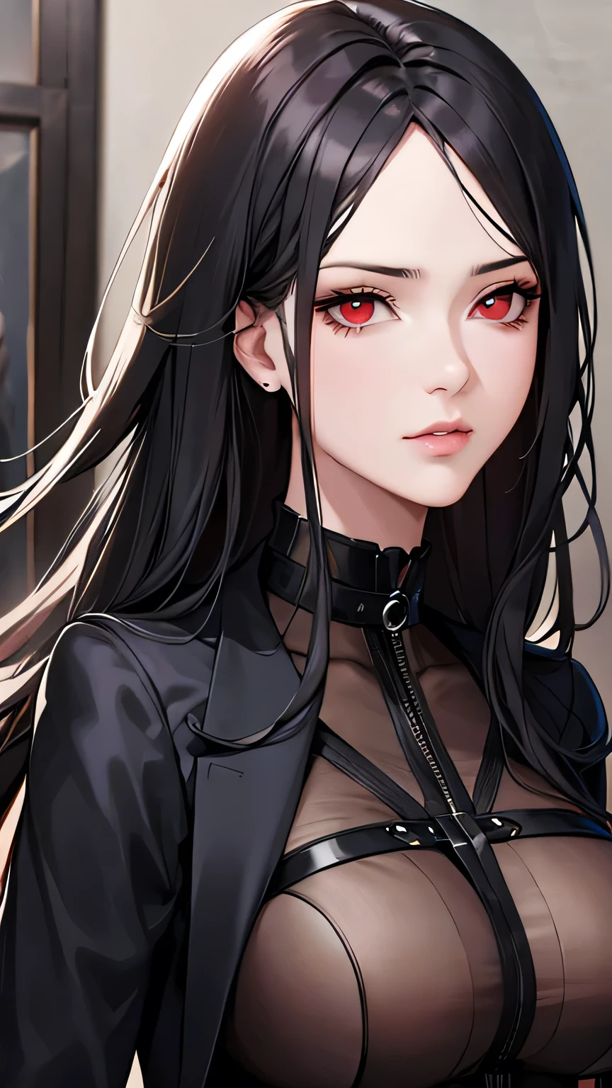 ((Highest quality)), Ultra-high resolution,Adult women, alone, sexy, (Stern face), (Red eyes), Beautiful face in every detail,(High resolution detail of human skin texture), (Black irregular long hair), Black coat,Black suit pants,A mercenary woman,(have a gun in hand),Realistic:1.4,Realistic:1.4,Dark room,((masterpiece)),Perfect and detailed eyes,Waist up shot