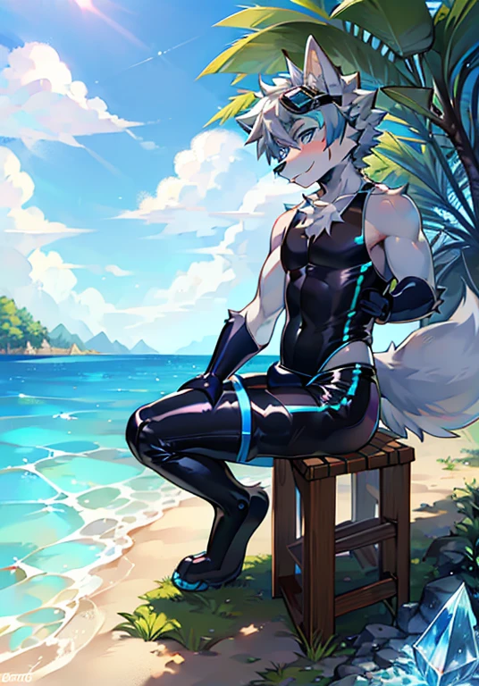 Furry,wolf boy,White fur,crystal blue eyes,Single fluffy tail,greyt hair,short detailed hair,summer day,Wear diving goggles,masculine features,squat,asshole,Bulge,Sexy latex swimsuit,stirrup legwear,full body,((High heel))