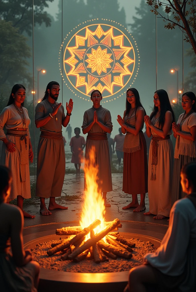 Group of indigenous and white men and women all dressed in clothing around the bonfire with their hands raised and thanking God for life with the glass bottom and the symbol of a mandala in the background with tobacco medicine, image ultra realistic, with children running in the background 
