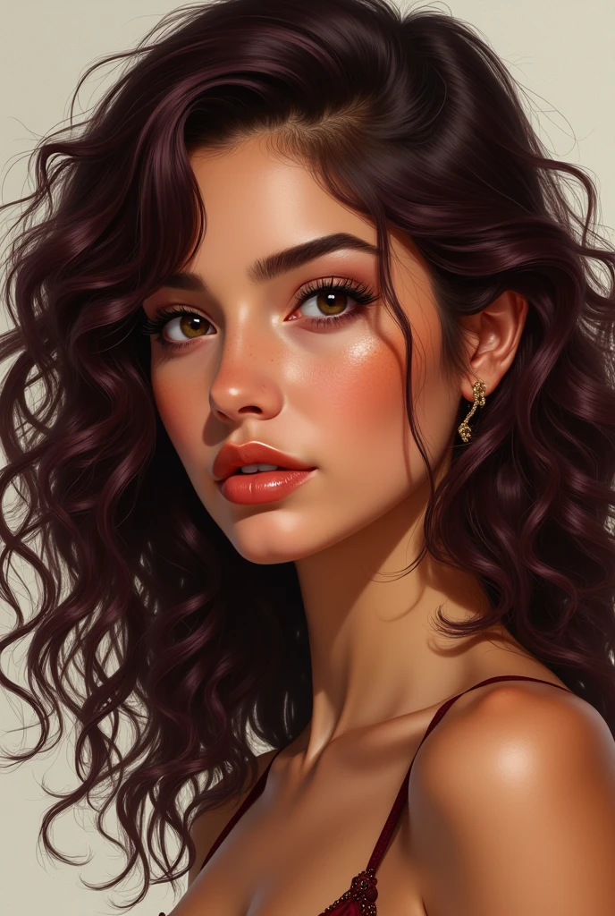 Create a hyperrealistic illustration of a young woman, with defined features and a marked jaw, dark brown eyes, Medium curly and long burgundy hair, Tanned skin, large expressive eyes and long eyelashes, that doesn&#39;t look like a doll, with the imperfections, but attractive