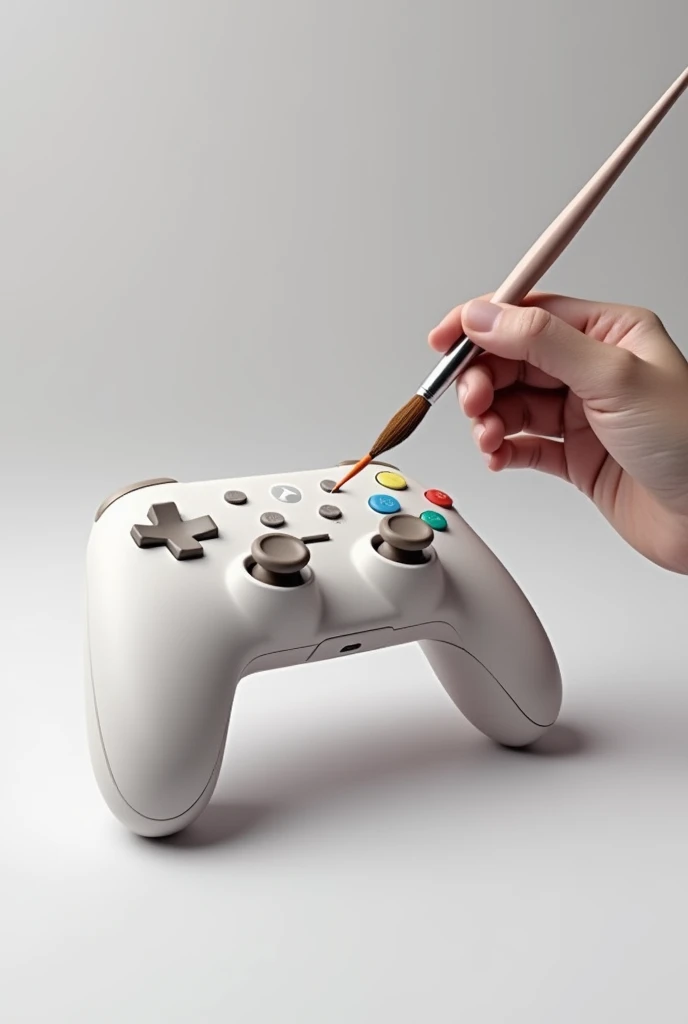 An image showing a paintbrush painting a standard video game controller with a minimalist theme 