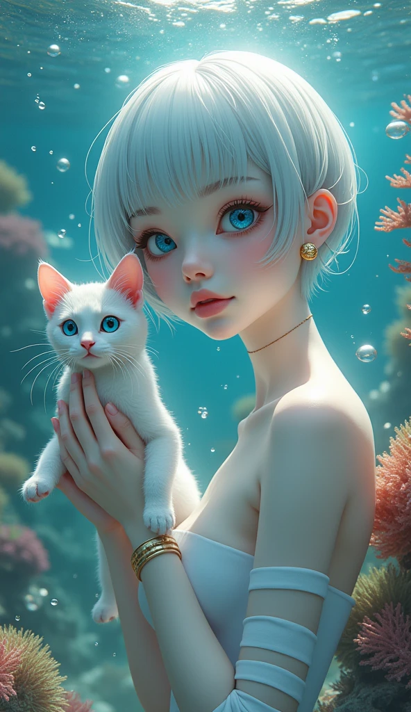 masterpiece, best quality, 8K resolution, very detailed, hairy，blue eyes, gray hair, Short hair, water elements, Underwater background, White cat, White skin, white stripes, White bracelet, corals,bubble, Gold earrings