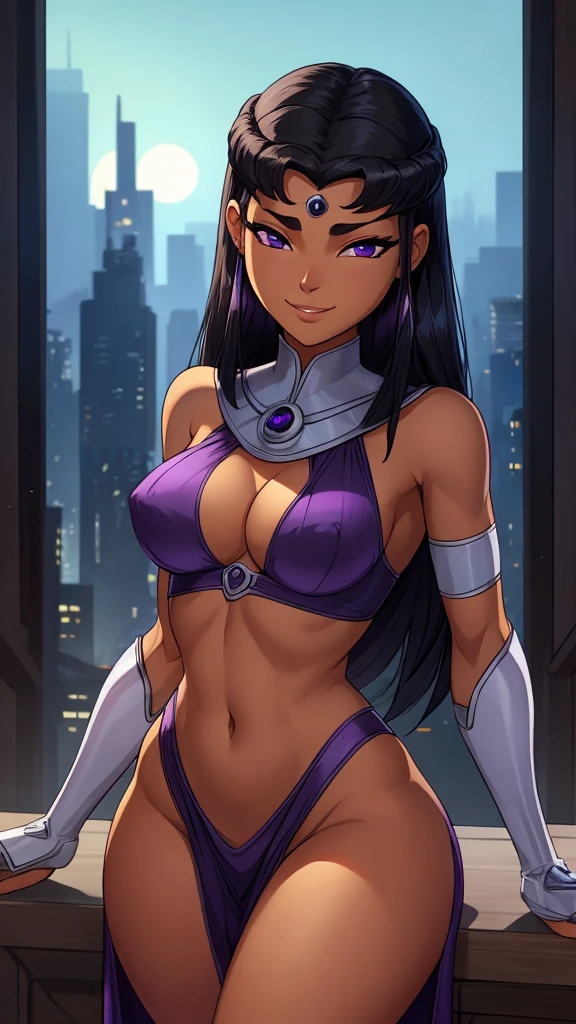 ((ultra quality)), ((Masterpiece)), Blackfire, ((black hair)), (Beautiful face), (beautiful female lips), (), charming, ((Innocent expression)), looking at the camera smiling softly, eyes closed a little, (dark skin color), (dark skin), glare on the body, ((detailed beautiful female eyes)), ((purple eyes)), (juicy female lips), (), (beautiful female hands), ((Ideal female figure)), Ideal female body, beautiful waist, beautiful hips, small breasts, ((subtle and beautiful)), stands temptingly () background: on a tall building night city, ((depth of field)), ((high quality clear image)), (clear details), ((High detail)), realistically, professional photo session, ((Clear Focus)),nsfw, smile, looking at camera,, skimpy outfit