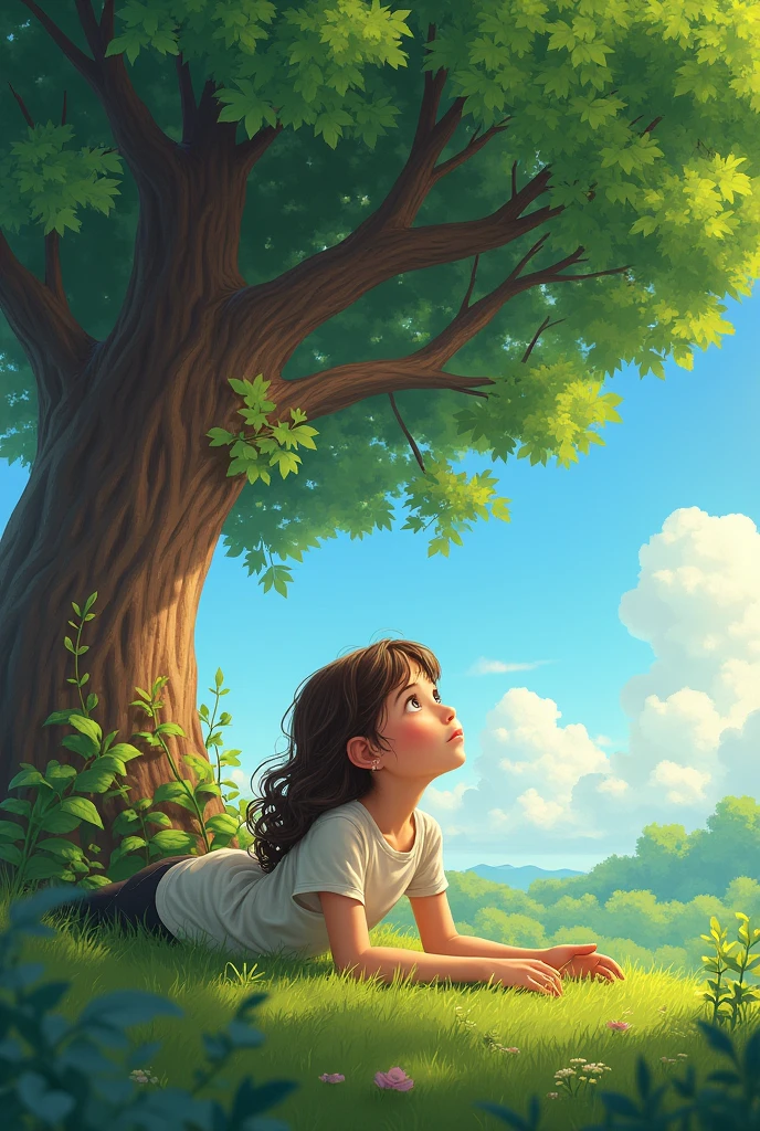 Mia Dreaming of the Treehouse:
Prompt: "A young girl lying on the grass, gazing up at the trees with a thoughtful expression, imagining a treehouse in her mind. The sky is filled with fluffy clouds, and there’s a sense of wonder and excitement."