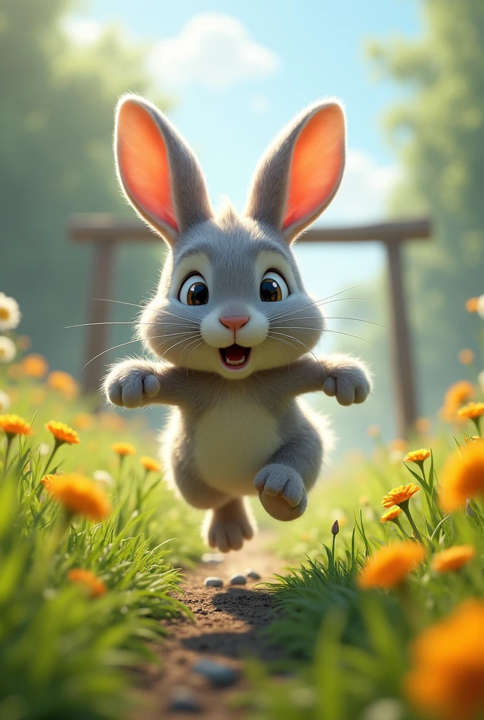 The rabbit wakes up suddenly, realizing he’s been asleep for too long. He jumps up and starts racing towards the finish line, panic setting in.