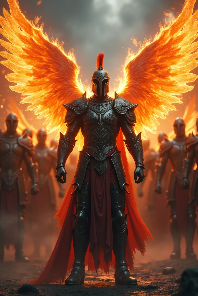 (12 angelic warriors) (with wings of fire) and ( Knight&#39;s armor) ( and solo uno de ellos tiene un casco Espartano) ( Everyone has a Dark Aura)