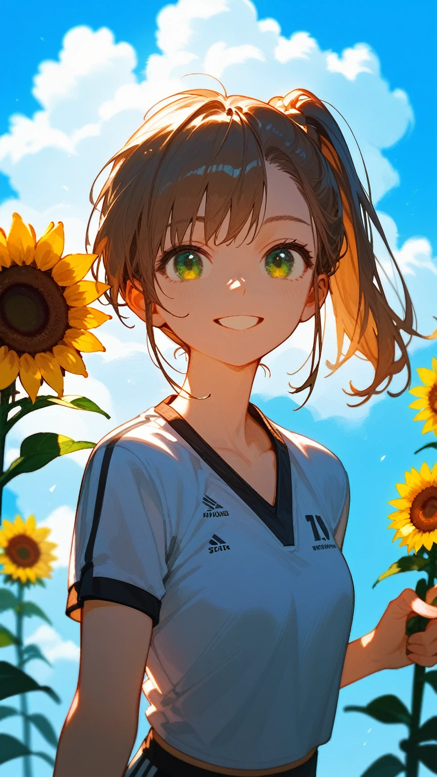 1 small，Brown side ponytail，Green eyes，Sports short sleeves，Holding sunflower in hand，Movie lighting，Blue sky，White Cloud，Highest quality，Smile，Half squint