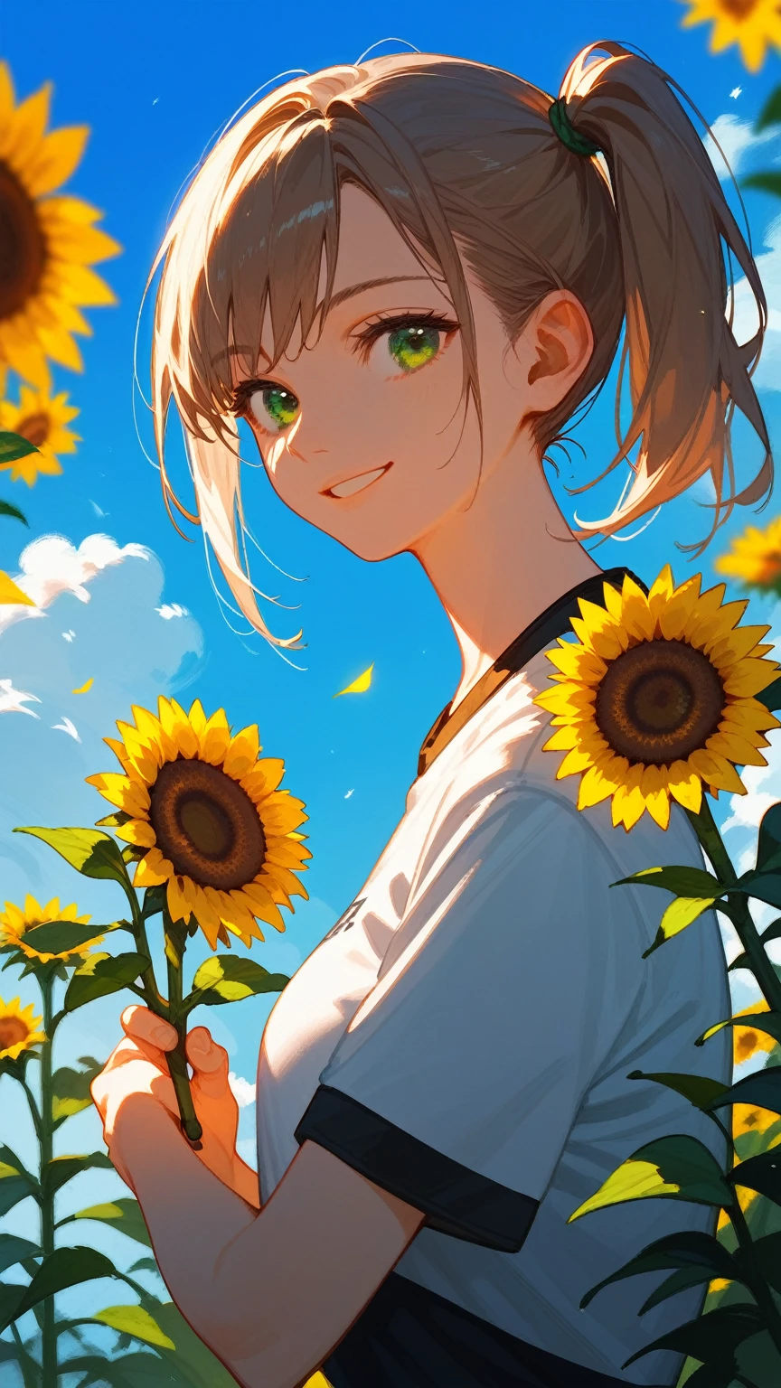 1 small,Brown side ponytail,Green eyes,Sports short sleeves,Holding sunflower in hand,Movie lighting,Blue sky,White Cloud,Highest quality,Smile,Half squint
