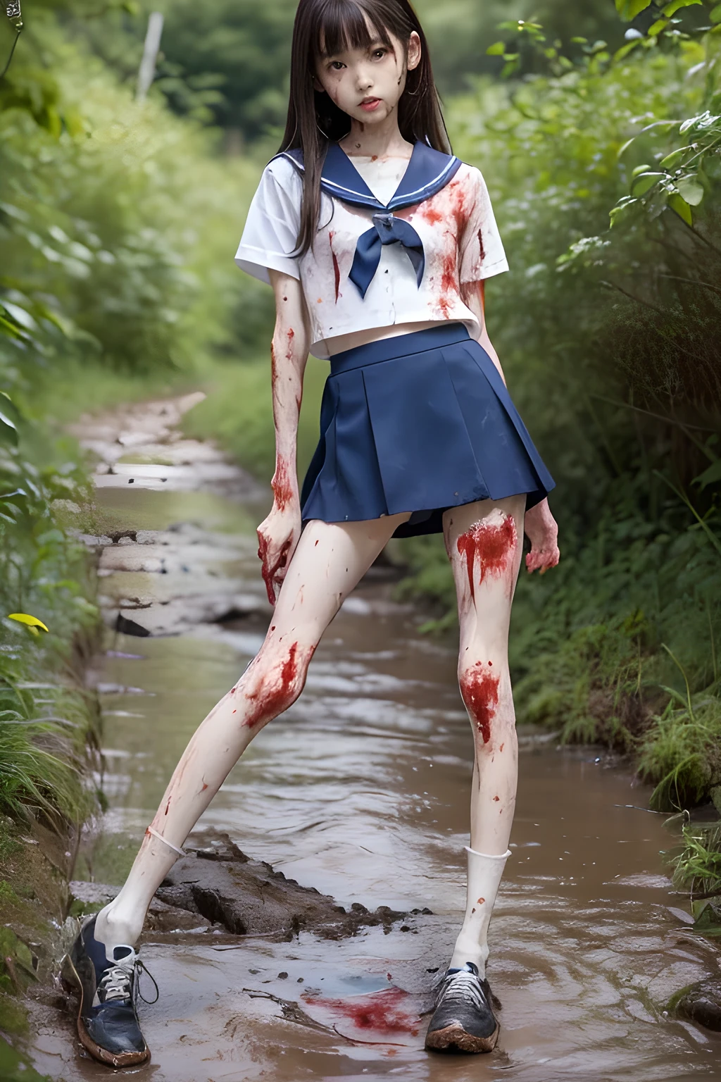 (8K、RAW Photos、highest quality、masterpiece:1.2), (Realistic、Photorealistic:1.2), (High resolution skin:1.1), Beautiful young girl,japanese, ,small breasts,(Slender girl:1.4),(Thin legs:1.5),dark blue mini skirt,sailor suit, (White socks), Short sleeve,sneakers, whole body,park,standing,(muddy:1.2),(wounds,bloody legs:1.5)