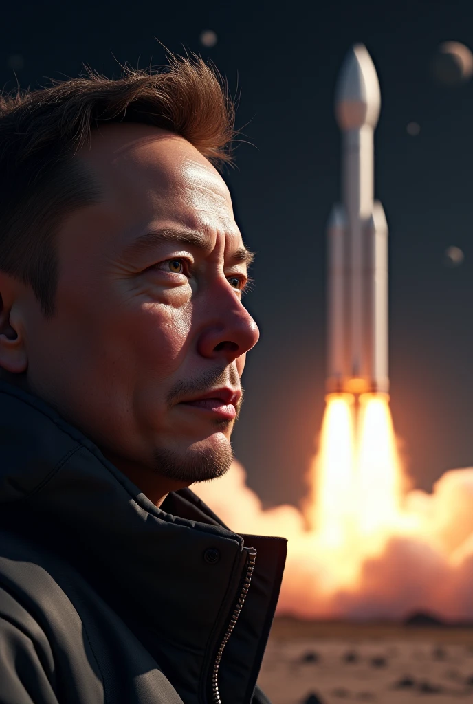elon musk riding on a spacex rocket to the moon, 8k wallpaper, photo quality, close up, realistic photograph, perfect focus, elon musk face