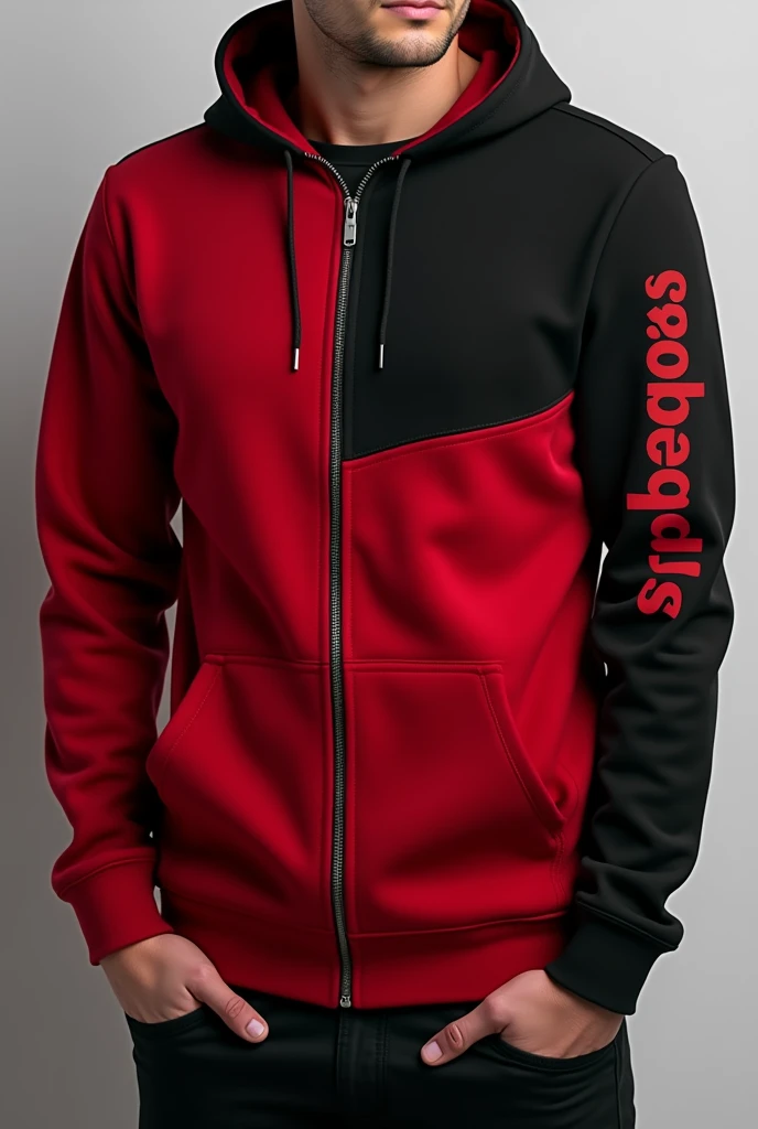 Create a red and black zip-up sweater that says andoas on one sleeve, head on