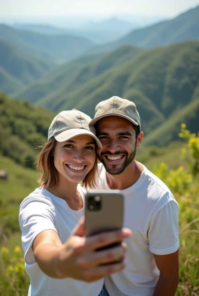Beautiful latin couple with baseball cap and white t-shirt (taking a selfie with their cell phone in a great landscape), Highly Detailed, 25 years old, innocent face, short natural hair, High Resolution, Masterpiece, Best Quality, Intricate Details, Highly Detailed, Sharp Focus, Detailed Skin, Realistic Skin Texture, Detailed Eyes, Professional, 4k, Charming Smile, Shot on Canon, 85mm, Depth of Field, Kodak Vision Color, Perfect Fit Body, Extremely Detailed, Photo_(ultra\), photoRealistic, Realistic, Post Processing, Maximum Detail, Roughness, Real Life, Ultra Realistic, photorealism, photography, 8k hd, photography Hyper Realistic image with a lens aperture of 1.4 at a focal length of 50mm.