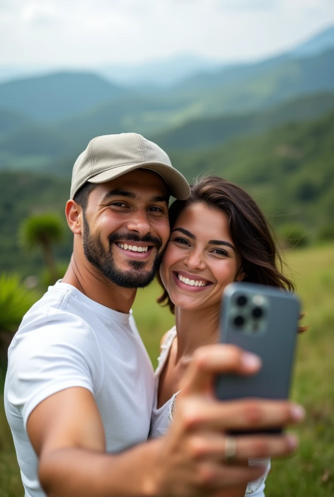 Beautiful latin couple with baseball cap and white t-shirt (taking a selfie with their cell phone in a great landscape), Highly Detailed, 25 years old, innocent face, short natural hair, High Resolution, Masterpiece, Best Quality, Intricate Details, Highly Detailed, Sharp Focus, Detailed Skin, Realistic Skin Texture, Detailed Eyes, Professional, 4k, Charming Smile, Shot on Canon, 85mm, Depth of Field, Kodak Vision Color, Perfect Fit Body, Extremely Detailed, Photo_(ultra\), photoRealistic, Realistic, Post Processing, Maximum Detail, Roughness, Real Life, Ultra Realistic, photorealism, photography, 8k hd, photography Hyper Realistic image with a lens aperture of 1.4 at a focal length of 50mm.