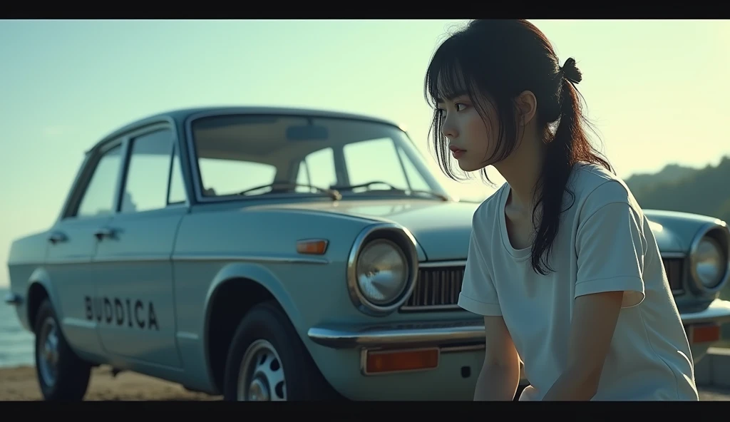 A Japanese woman is sitting next to a car,  （"BUDDICA" It is written there）,Look away from the viewer, T-Shirts、Upper Body, Cinema Lighting, Shine,Seaside