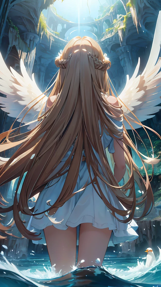 brown long hair, straight hair, bangs, halo, perfect eyes, soft light, high quality, 4k resolution, ((angel)), ((An angel with wings on her back)), an angel descending from the sky, feathers scattered in the background, light shining, swan wings, swan feathers, blue cave in Italy, Blue Grotto (Capri), from below