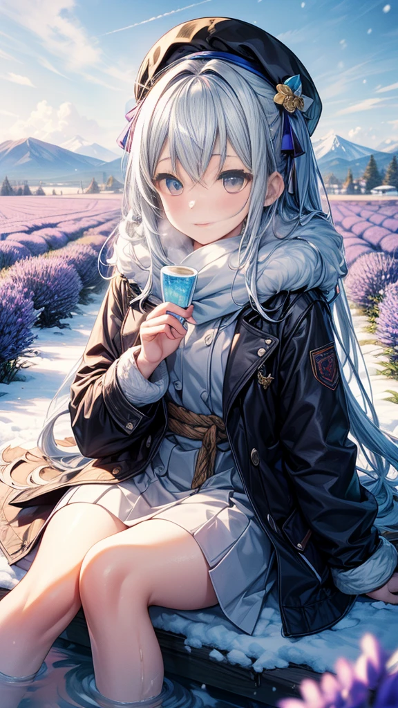 A personified character representing Hokkaido, Japan, with design elements reflecting the region's cold climate and natural beauty. The character is dressed in a thick, fur-lined coat, with a warm, fluffy scarf and a hat adorned with fur accents. Their hair is long, straight, and silver or white, evoking the image of snow, or a light blue resembling the clear winter sky. The character's accessories include elements inspired by Hokkaido's famous lavender fields and the cultural motifs of the Ainu people. Their expression is gentle and kind, with a quiet, serene demeanor that captures the essence of Hokkaido's tranquil landscapes. The color palette features cool tones, including whites, blues, and other shades reflecting snow, ice, sky, and sea.