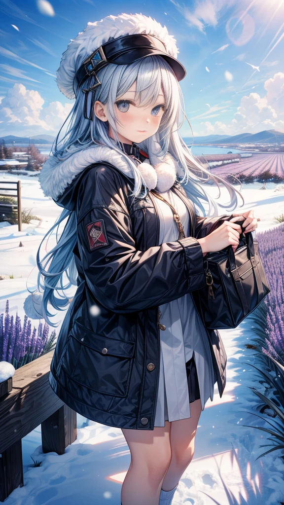 A personified character representing Hokkaido, Japan, with design elements reflecting the region's cold climate and natural beauty. The character is dressed in a thick, fur-lined coat, with a warm, fluffy scarf and a hat adorned with fur accents. Their hair is long, straight, and silver or white, evoking the image of snow, or a light blue resembling the clear winter sky. The character's accessories include elements inspired by Hokkaido's famous lavender fields and the cultural motifs of the Ainu people. Their expression is gentle and kind, with a quiet, serene demeanor that captures the essence of Hokkaido's tranquil landscapes. The color palette features cool tones, including whites, blues, and other shades reflecting snow, ice, sky, and sea.