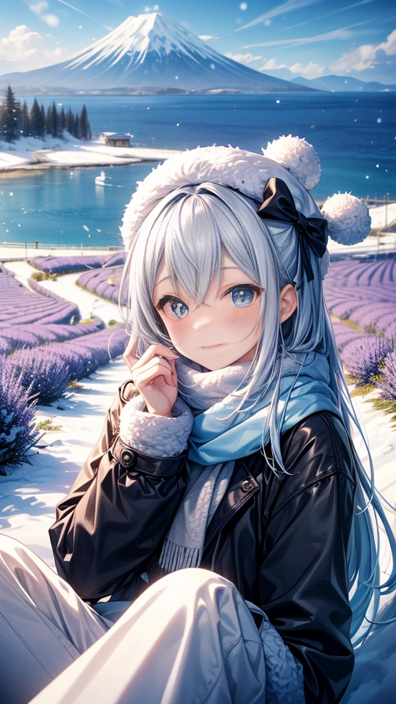 A personified character representing Hokkaido, Japan, with design elements reflecting the region's cold climate and natural beauty. The character is dressed in a thick, fur-lined coat, with a warm, fluffy scarf and a hat adorned with fur accents. Their hair is long, straight, and silver or white, evoking the image of snow, or a light blue resembling the clear winter sky. The character's accessories include elements inspired by Hokkaido's famous lavender fields and the cultural motifs of the Ainu people. Their expression is gentle and kind, with a quiet, serene demeanor that captures the essence of Hokkaido's tranquil landscapes. The color palette features cool tones, including whites, blues, and other shades reflecting snow, ice, sky, and sea.