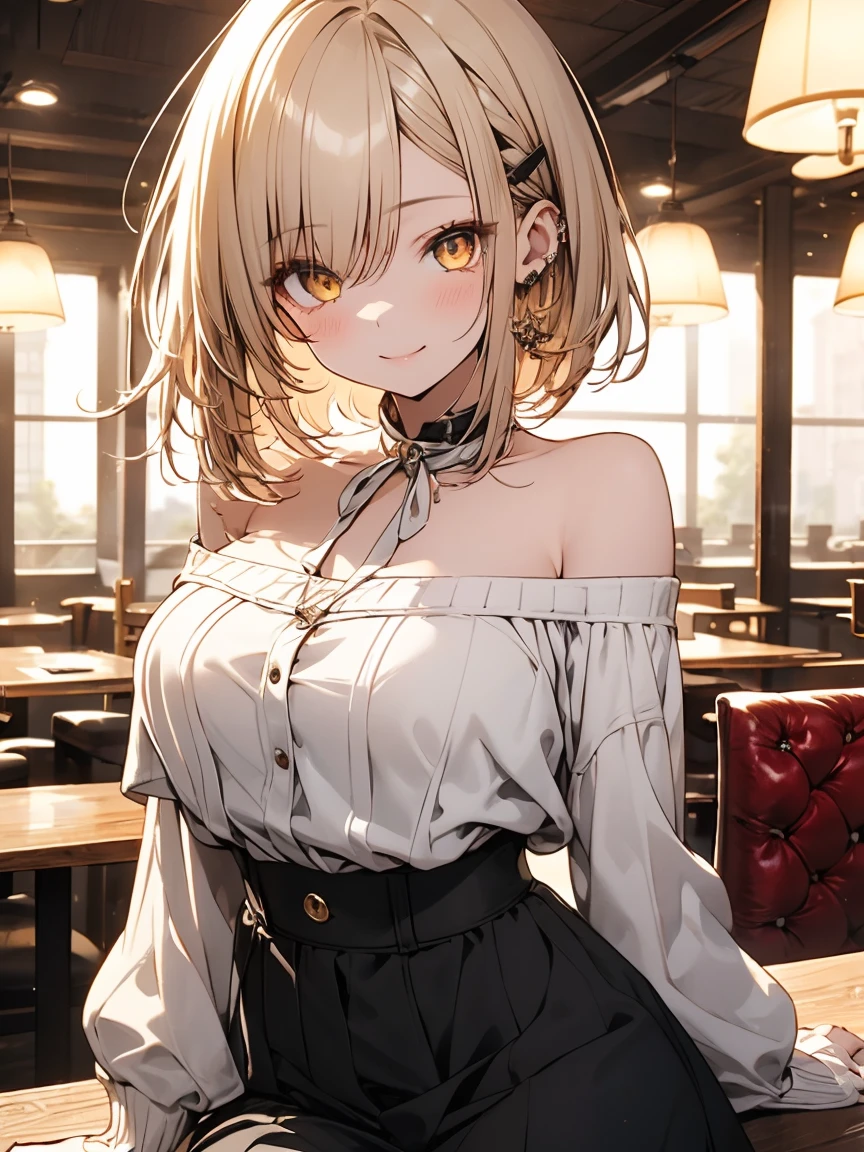 masterpiece, absurdres, best quality, ultra detailed, high Resolution, detailed illustration, extremely beautiful detailed face and eyes, bright colour, 1girl, cute face, Delicate beautiful face, yellow eyes, cute eyes, sparkling eyes, big eyes, medium breasts, (perky breasts:1.1), (pointy breasts:1.1), medium hips, glamorous body, white skin, smile, BREAK, long bob cut, (blonde hair:0.8), messy hair, detailed hair, shiny hair, BREAK off shoulder sweater, long skirt, tiny ribbon, restaurant, shortcake, real world, natural lights, perfect lighting,