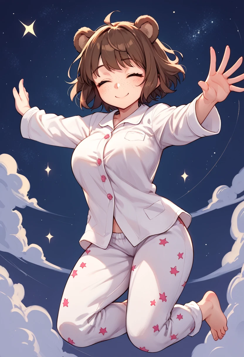 score_9_up, score_8_up, score_7_up, 1girl, solo, source_anime, hourglass figure, Big breasts, kemonomimi, bear ears, brown hair, short hair, messy_hair, closed eyes BREAK freckles, (dreaming she can fly), white pajamas, polka dot pijamas, barefeet, smile, closed mouth, happy, (flying), spread arms, night sky, starry sky, 