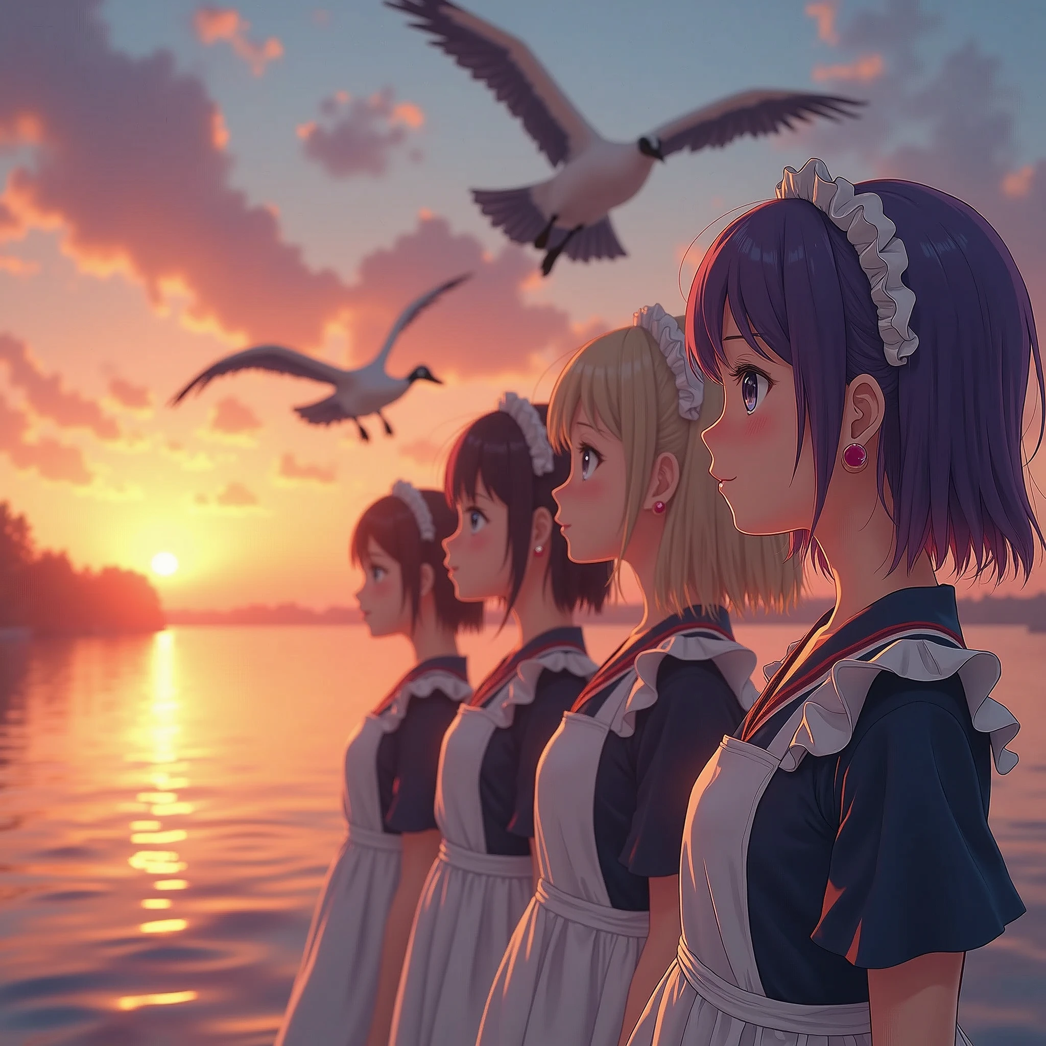 The sunset flies with the lonely geese in the distance, and the autumn river water and the vast sky are connected, unparalleled (Fisheye Lens Full Body wide Shot), (Extremely Detailed((Kawaii Maid Group in a row:1.37))), Childish perfect face, Reflective Eyes, Detailed(Delicate Clothing textures), Dynamic Joyful Expressions LifeLike Rendering, Specular Reflection, TopQuality, Ultra-detailed, insane masterpiece (ProfessionalPhoto:1.37), (Acutance:0.8), (Luminism:1.28), (Renaissance art style), Colorful Light particles, ((Full body from side)), {MicroMini(SkirtLift)|Kissing|Hugging|Undressing}, Radiant Fine Skin with Transparency, (Exposed:0.5), (Different types of Anime hair colors:1.6), Perfect Lighting, girl in nsfw, age19, Solo, Long hair, Colossal , Looking at Viewer, blondehair, Bare shoulders, Brown eyes, jewely, Full body nude, a necklace, off shoulders, Sweaters, Realistic, A sexy detailed portrait, vibrant colors, soft lighting, oil skin, Ultra Professional PhotoRealistic ((insane Gorgeous Diva UnrealEngine5 epic tmasterpiece, ultra high-quality, ultra high-details, ultra sharp-focus, ultra-high-resolution 256K XT3 128K ultra-high-definition, vibrant DSLR vivid moonset)), colorful lighting, cinematic_sunlight, reflection, saturate, Raw, nsfw, varies multi etc. --v 6 --s 1000 --c 20 --q 500 --chaos 100