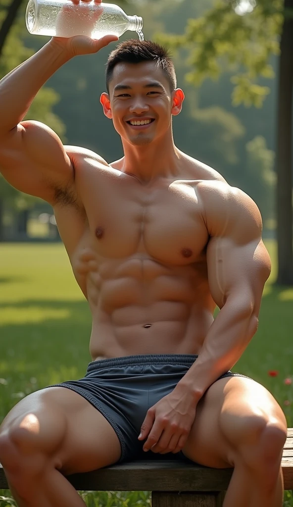 photorealistic, best quality, masterpiece, extremely detailed, sexy, homoerotic, extremely handsome, youthful, 25 year old muscular taiwanese man, ((muscular bodybuilder)), ((massive thighs)), tight booty shorts, big bulge, very sweaty, big smile, happy, sitting relaxed on bench, pours water out of water bottle on his head, at park, extremely romantic atmosphere, perfect face, perfect fingers, perfect hands, perfection