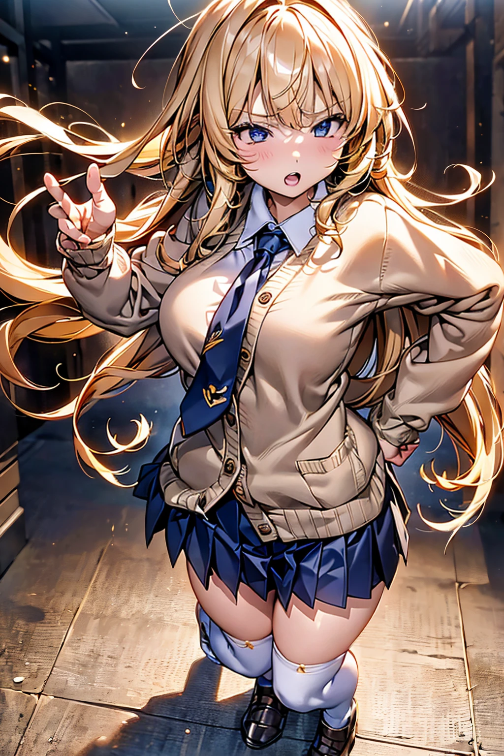 Browsing Caution,(Highest quality, 8k, masterpiece:1.3,beautiful girl), (Very detailed)Glowing Skin,(((Long Hair,blonde,Beautiful Hair))),(Perfect Anatomy, Anatomically correct, Very detailed肌),((Golden Eyes)),((Perfect Fingers,Five Fingers)),((Light blue collared shirt, Navy pleated mini skirt, socks, Navy tie, Light brown cardigan, White knee socks)),Pink Panties, Knee-high socks,Knee-high socks on both feet,Double teeth,Big Breasts,Big Ass,Get angry、とてもGet angry、Riverbank、((顔を赤くしてGet angry))