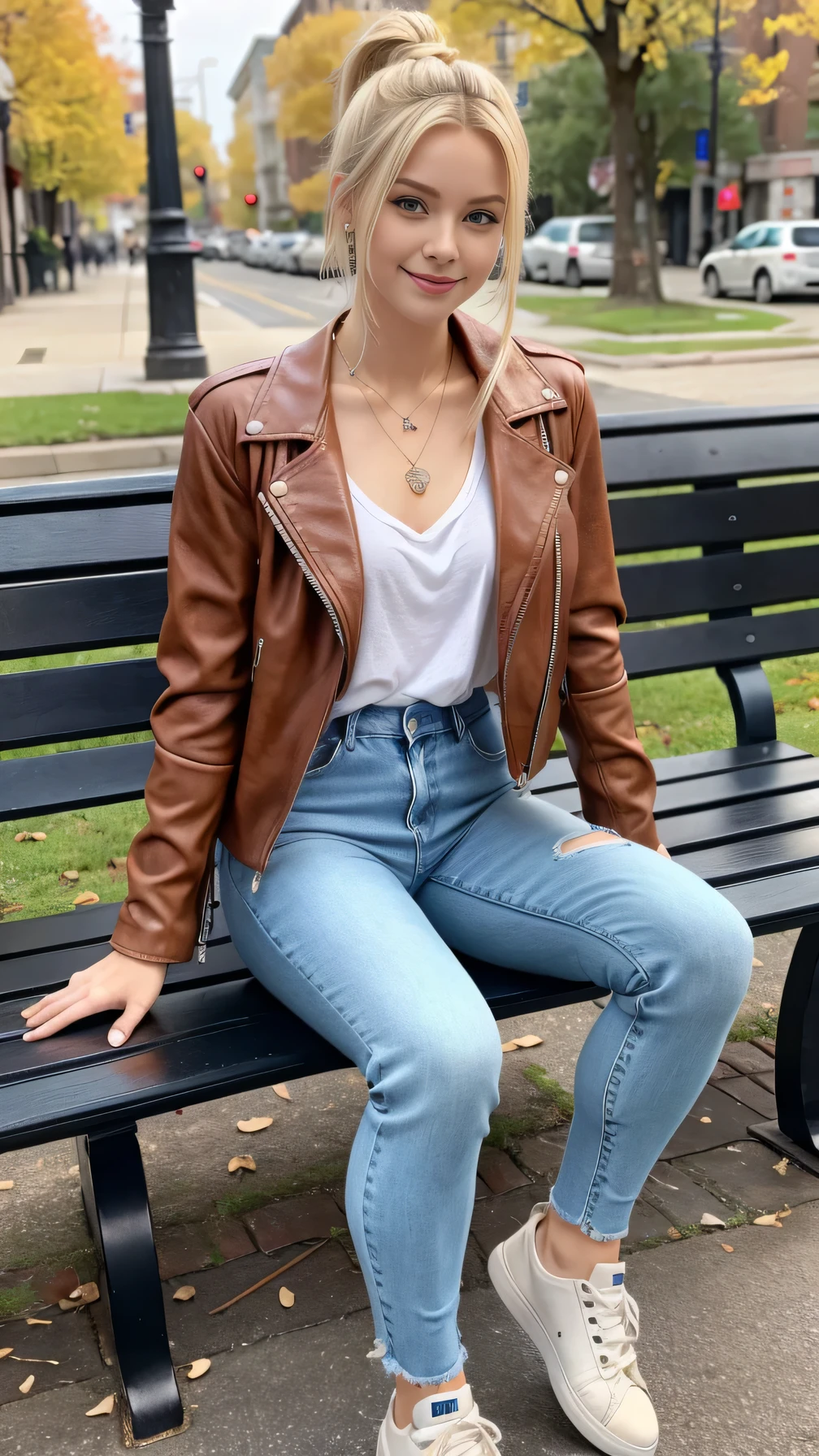 Super Resolution、Beautiful Caucasian Woman、Full body photo、sitting on a park bench、Blonde Hair、blue eyes、Hairstyle Ponytail、、ear piercing、necklace、leather jacket、shirt、Skinny jeans、sneakers、Closed mouth smile、

