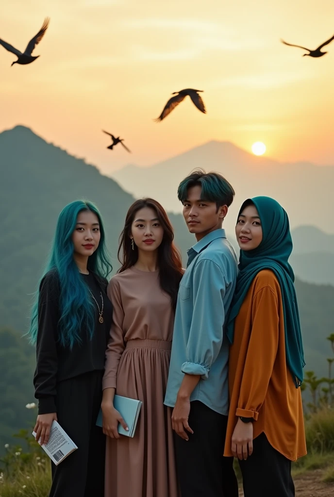 masterpiece, featuring 4 models, photography professional, ultra realistic, full body, depicting two confident and charming 20-year-old Malay women in casual Muslim trendy attire, one with long wavy cyan hair, and a confident and charming 20-year-old Malay man with short cyan hair, holding a book or another object in his hand, they pose stand up, background a beautiful mountain, birds flying around, dramatic lighting, sunset, resembling a photo from Sony 7000D