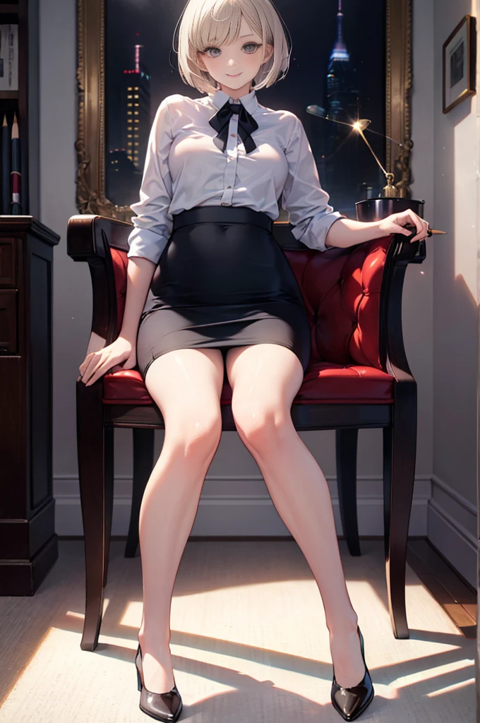 (masterpiece), 4K,woman,Female CEO,Small breasts,Small Ass,Bobcut,Light bulb lighting,Realistic, skinny, Amis Stockings,smile,sit,((Knee-length pencil skirt)),