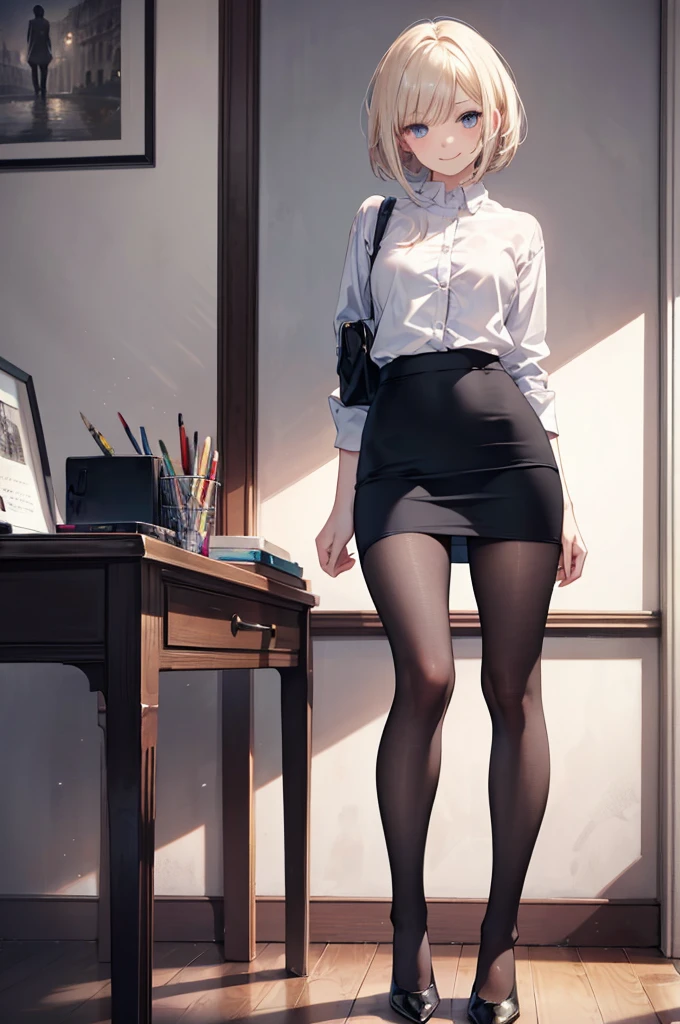 (masterpiece), 4K,woman,Female CEO,Small breasts,Small Ass,Bobcut,Light bulb lighting,Realistic, skinny, Amis Stockings,smile,sit,((Knee-length pencil skirt)),