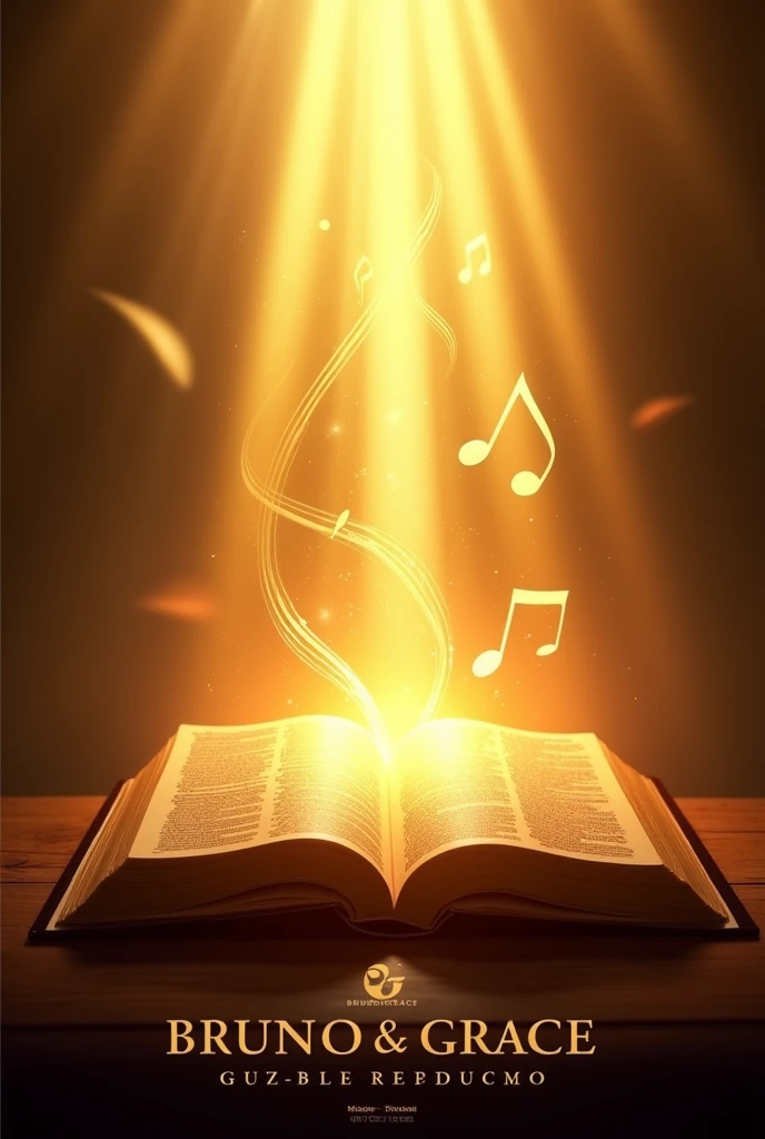 A gospel music advertisement image with a heavenly background. The scene features golden light rays shining from above, creating a warm and divine atmosphere. In the center, there's an open Bible glowing with light, symbolizing divine inspiration. Musical notes swirl gracefully around the Bible, adding a sense of melody and worship. The text reads 'Transforme sua Adoração em uma Composição Gospel Exclusiva' in elegant, eye-catching fonts that stand out against the background. Below the main text, the names 'Bruno & Grace' are written in a stylish, harmonious font. At the bottom, the phrases 'Qualidade Profissional' and 'Impacto Duradouro' are displayed in sophisticated typography. The overall design conveys a sense of spiritual elevation and professional quality, perfect for attracting an audience interested in exclusive gospel compositions."