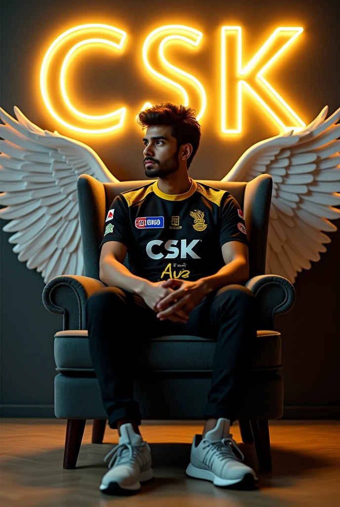 Create a 3D illusion for a profile picture where a 25 Year old boy in a Csk ipl Jersey Sitting casually on a Wingback chair. The name "RUPESH 07" is written in black letters on his shirt. Wearing sneakers, he looks ahead. The background features "Csk" in big and capital yellow neon light fonts on the dark grey wall. There should not be his shadow, and there are wings to make it appear as if he is an angel. "