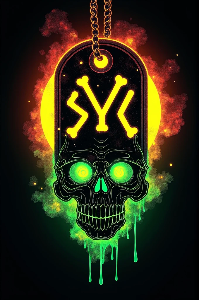 I want to create a logo for a clothing brand, in the form of a dog tag that has the letter syu in capital letters intertwined with the shape of a human bone, At the bottom a sterilized skull with faithful arrangements of reddish orange, yellow and phosphorescent green, that runs through the youthful and the modern