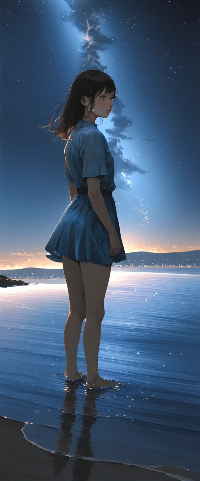 (close:1.4)、(RAW Photos:1.2)、(Realistic:1.4)、(masterpiece:1.3)、(Highest quality:1.4)、Japanese Girls、(Night view:1.2)、Light clothing、cute、Step into the sea、Standing on tiptoes、landscape、Between the horizon and the sea、Side view、Ripples spreading from the toes、Standing about 20 meters away、On the Sea、The whole scene is Shiny O's、illumination、