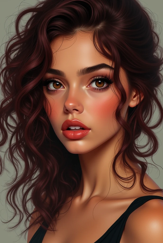 Create a hyperrealistic illustration of a young woman, with defined features and a marked jaw, dark brown eyes, Medium curly and long burgundy hair, Tanned skin big eyes and long eyelashes, that doesn't look like a doll, with the imperfections, but attractive, round face, thick lips