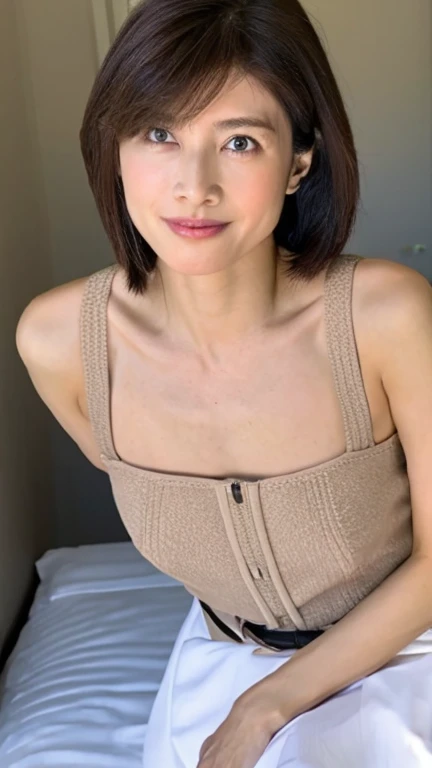  (Highest quality), (Beautiful mature Japanese woman in a harness、40 years old), (Moisturized lips), Narrow eyes, double eyelid, Delicate clavicle, Flat Chest , Underdeveloped breasts, Professional Lighting, (Petite figure), (Sunburned skin: 0.2), Full body photo, Full Body Focus, (Standing posture)、Elegant、Slender body、Boyish ultra-short hair、Stylish white bedroom、Ribbon on chest、Sweep all your hair back、Crouching with rope、Full body angle、Slightly parted lips、Completely naked、nude、No underwear、No bra、Ecstasy face、Reaching an orgasm、Excited、Lift up the skirt、