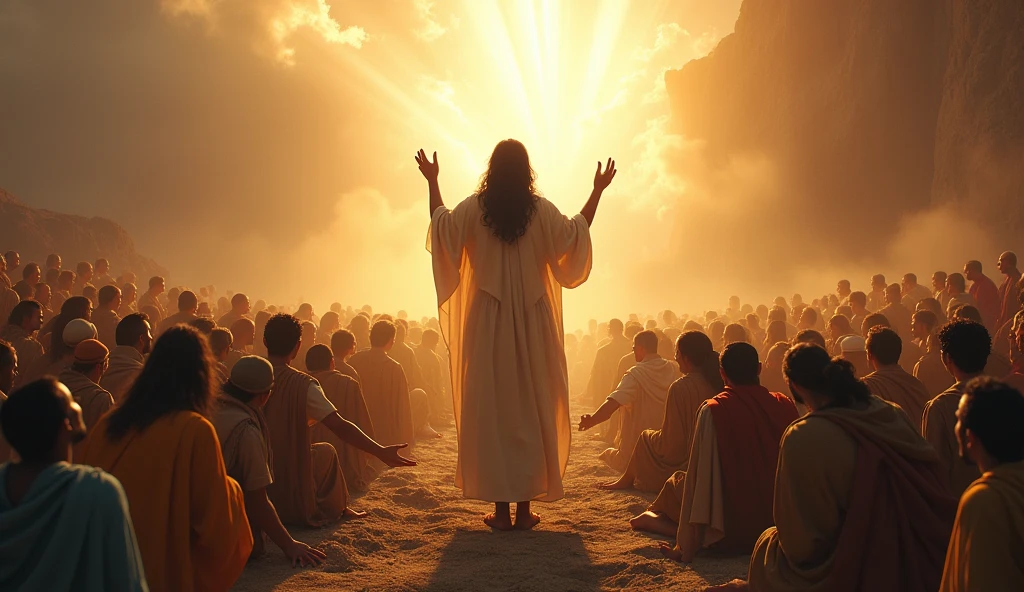 Create an ultra-realistic, high-detail image capturing a powerful moment of worship, where the people of Israel are prostrated on the ground in deep reverence, with the prophet Elijah standing at the center, raising his hands in praise. The scene is bathed in the radiant glory of God, which shines brilliantly in the background, illuminating everything with a divine light.

Main Composition:
The image should depict a large group of Israelites, dressed in ancient, traditional garments, humbly prostrated on the ground. Their bodies are fully extended, faces pressed to the earth, and hands outstretched in a gesture of surrender and worship. Their varied postures should convey a deep collective devotion, with some fully lying flat and others on their knees, all unified in their act of worship. The expressions on their faces, even though they are prostrated, should reflect awe, humility, and reverence.

Elijah’s Position and Expression:
Elijah should be positioned at the center of the scene, standing tall with his hands lifted high towards the heavens. His long, dark hair flows down his back, and his face is illuminated by the divine light, showing an expression of deep joy, faith, and spiritual connection. Elijah’s robes are worn and flowing, catching the light, giving the impression of movement and a connection to the divine presence. His posture should be one of strong, unwavering faith as he leads the people in worship.

Divine Glory:
In the background, the radiant glory of God should be depicted as a brilliant, overwhelming light that fills the entire scene. This divine light should emanate from a source partially obscured by clouds or mist, symbolizing the holy and mysterious nature of God's presence. Rays of light should extend outward from this central source, bathing Elijah and the worshippers in a warm, golden glow that fills the scene with a sense of divine majesty and peace.

Landscape and Atmosphere:
The setting is a broad, open landscape with rocky terrain a