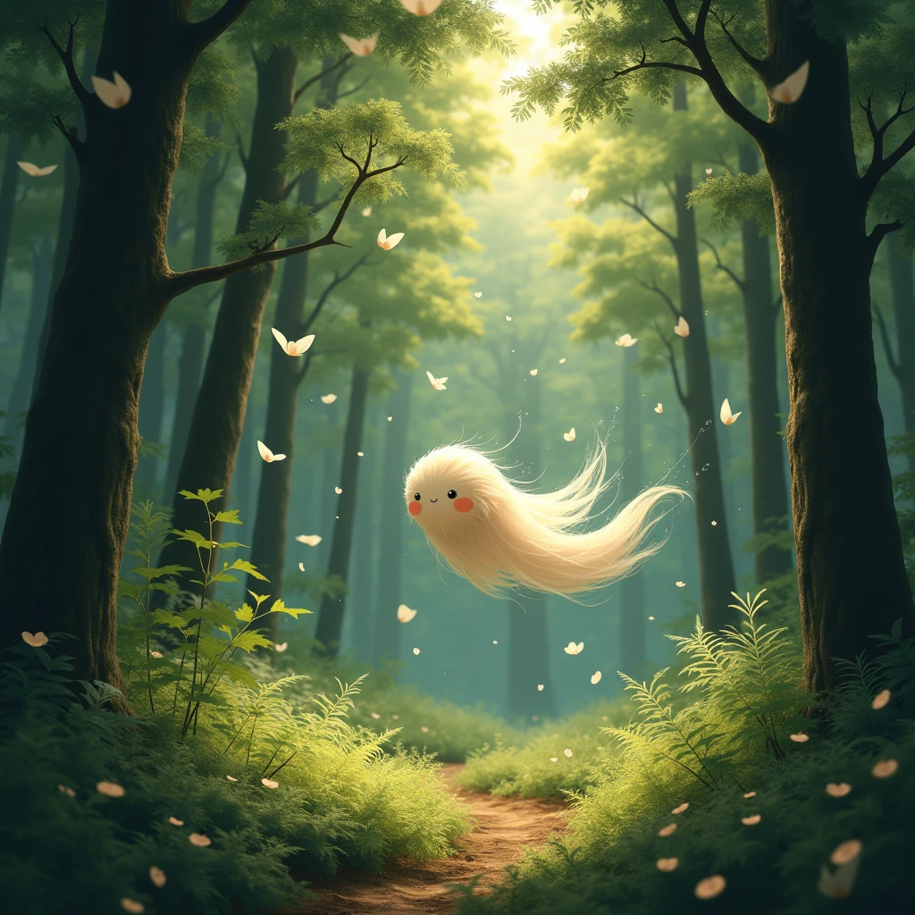 A ragweed flying through the forest、White pieces of cloth are flying in the air、Rural Japan、Dim lighting at dusk、