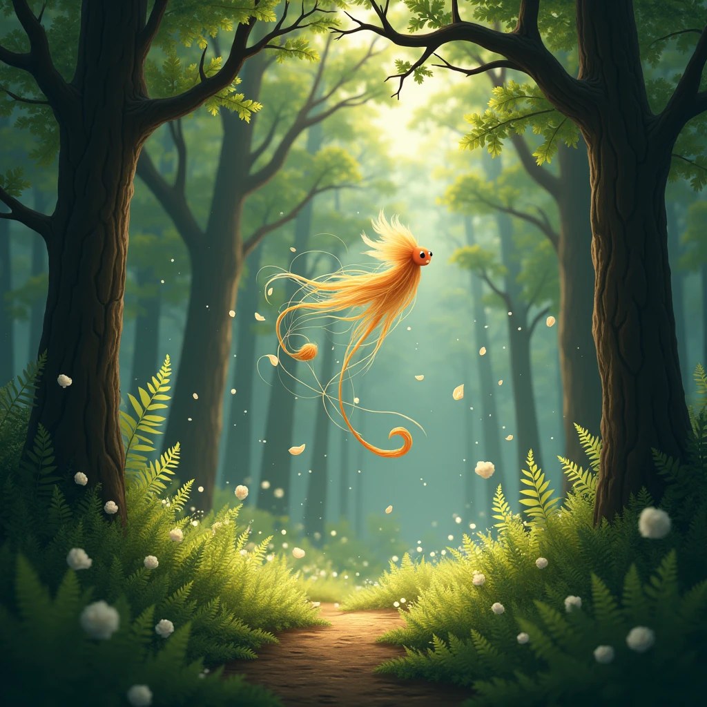 A ragweed flying through the forest、White pieces of cloth are flying in the air、Rural Japan、Dim lighting at dusk、