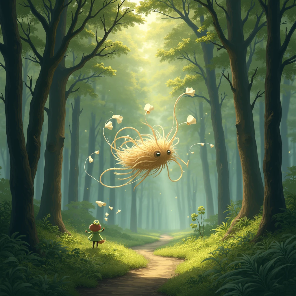A ragweed flying through the forest、White pieces of cloth are flying in the air、Rural Japan、Dim lighting at dusk、
